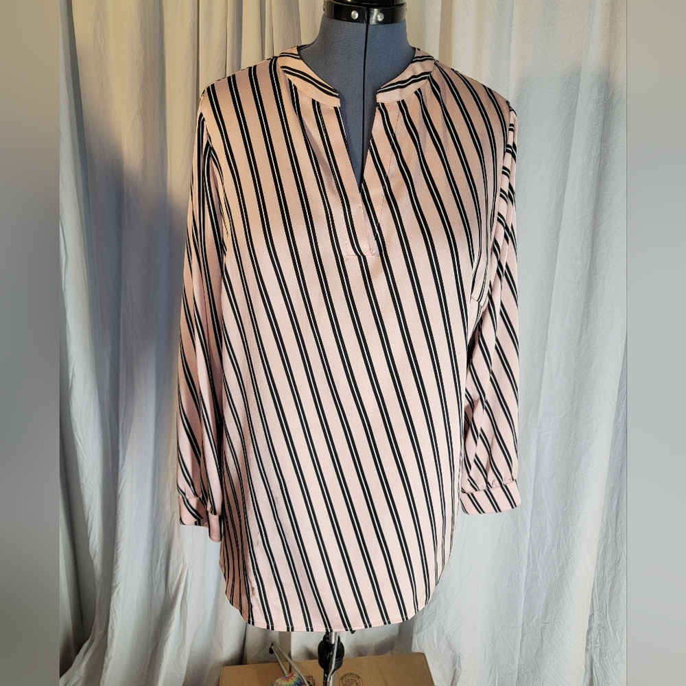 Anne Klein Striped Womens Pink and Black Satin Blouse